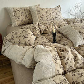 秋冬新品A类高克重四件套亚麻复古全棉花边侘寂风原麻床单款套件