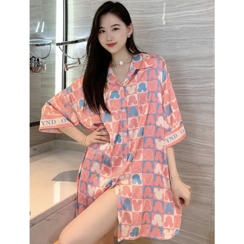 Pijamas de verano de mujer, falda de seda delgada y sexy, camisa simple, falda de pijama casera suelta, comercio exterior