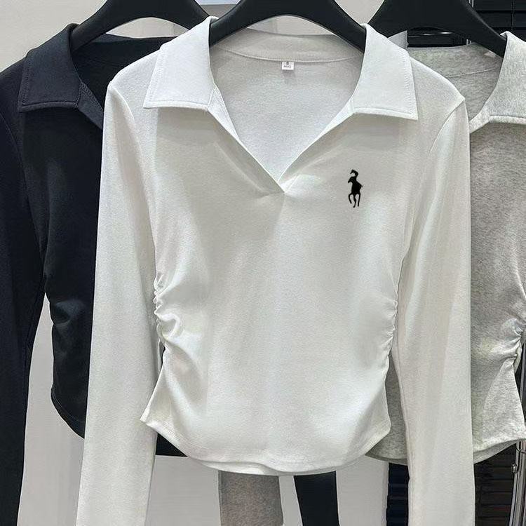 POLO衫刺绣长袖打底衫女秋冬新款设计感小众修身显瘦正肩上衣|undefined