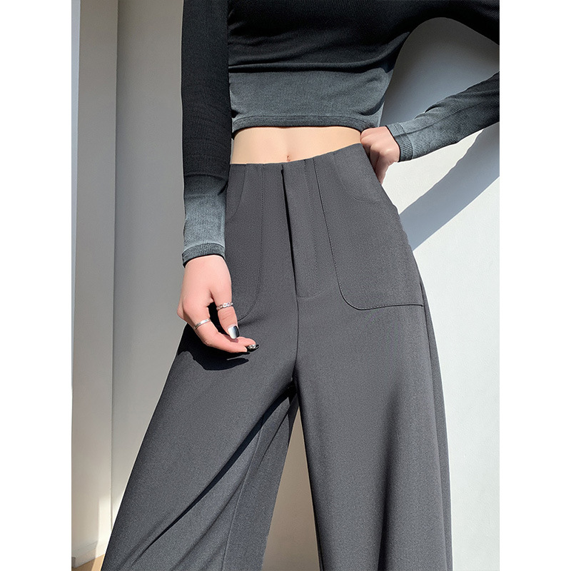 Pantalones de piernas anchas grises para mujeres 2025 primavera nueva cintura alta relajada relajada pantalones casuales rectos pantalones de traje estrechos