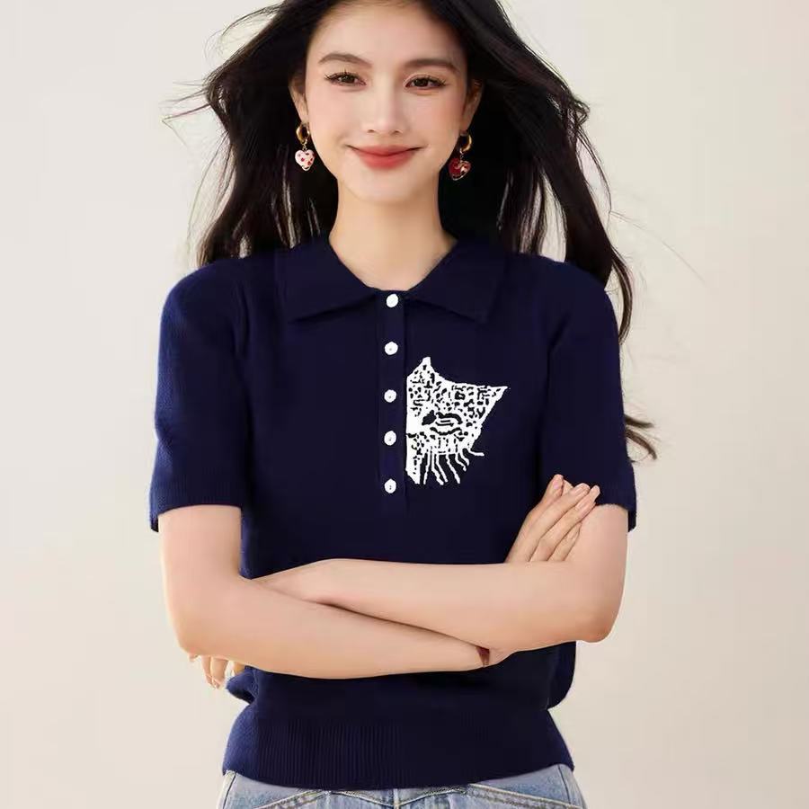 Áo thun polo nữ tay ngắn thêu họa tiết, phong cách Mỹ ôm body — màu xanh chi tiết 1