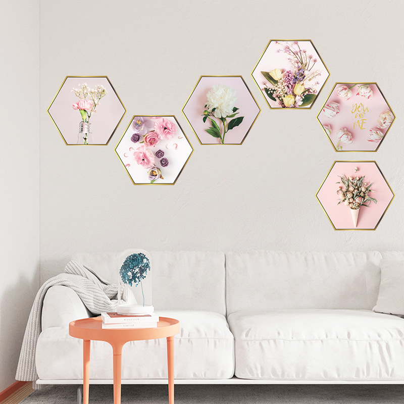New Pink Flower Flat Hexagonal Photo Frame Wall Sticker display picture 5