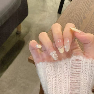 Wearing Armor Milk Yellow French Ice Waxy Pure Desire Bow Gentle Temperament White Fake Nail Nail Sticker Removable