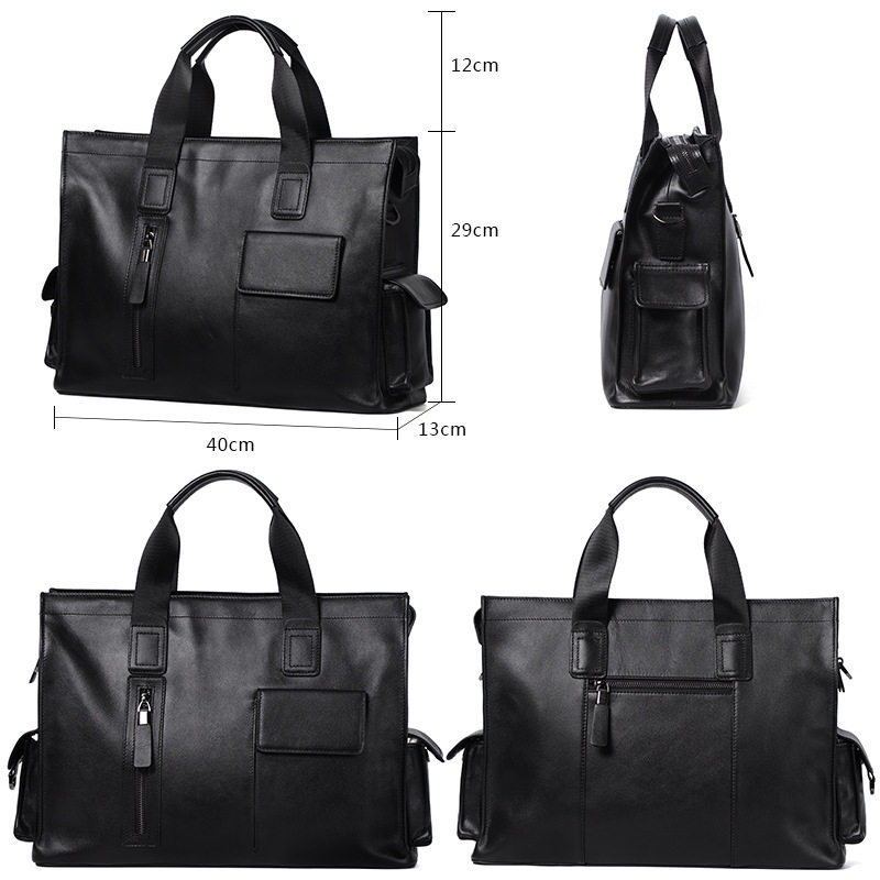 Túi xách tay nam da bò lớp đầu 40×13×29 cm đựng laptop 15.6 inch — Dây kéo dọc màu đen không có túi bên, Dây kéo dọc màu đen có túi bên