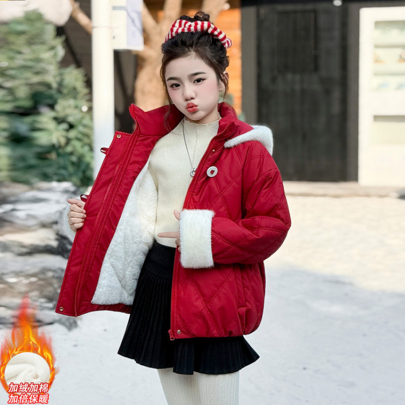 Zhili children's clothing, girls' fleece-lined, thickened hooded cotton-padded jacket, autumn and winter children's cotton-padded coat + girls' red sweet