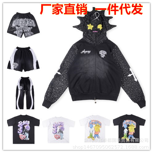 26Fw European and American High Street Style Glo Hoodie Embroidered Rhinestone Hooded Sweatshirt Washed Patchwork Pants Set