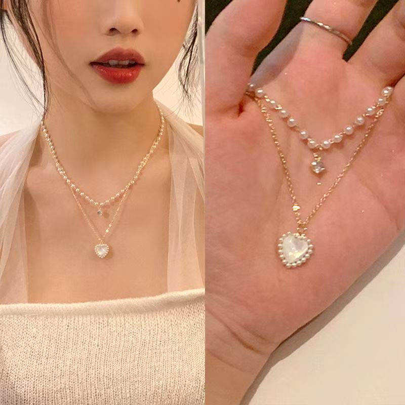 跨境珍珠项链同款双层叠带爱心女轻奢小众设计高级感锁骨链颈链|undefined