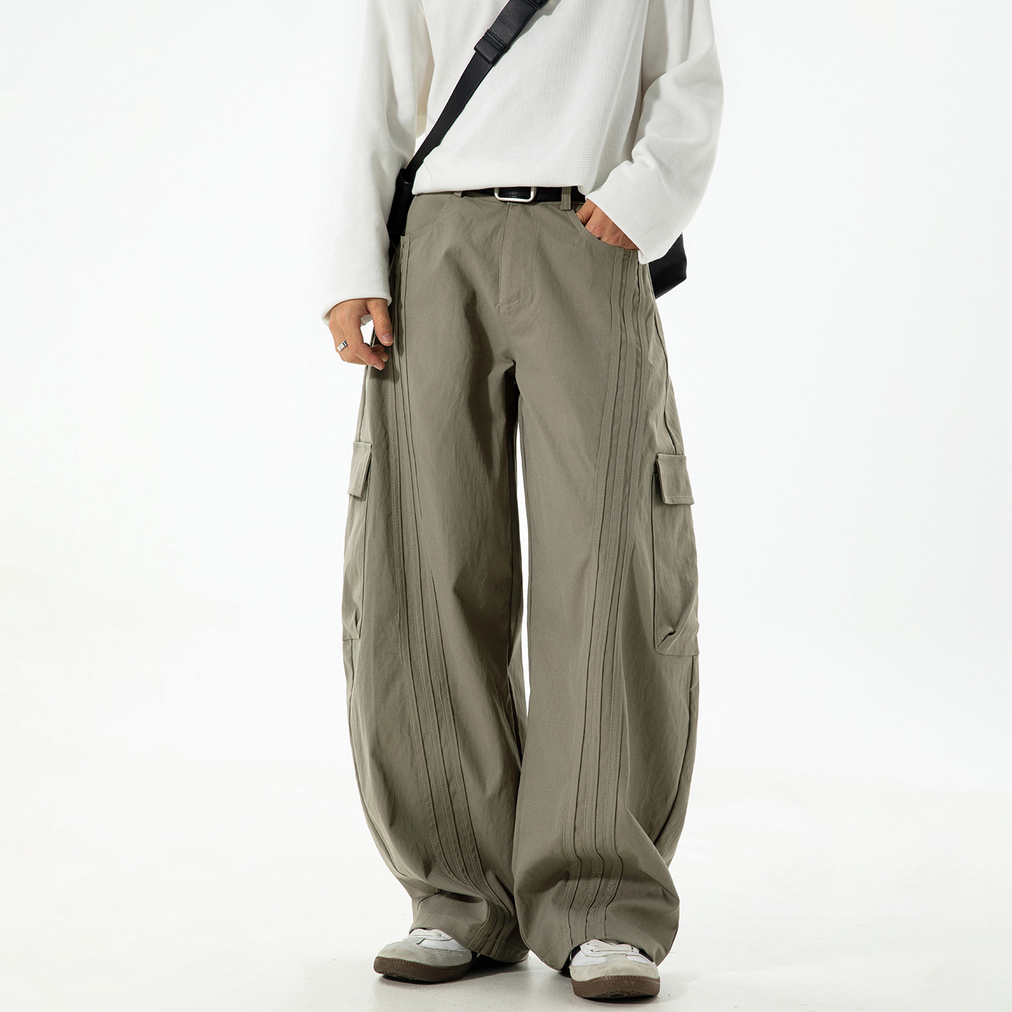 美式复古拼接杠条弯刀裤男秋款立体大口工装休闲裤潮牌宽松长裤子