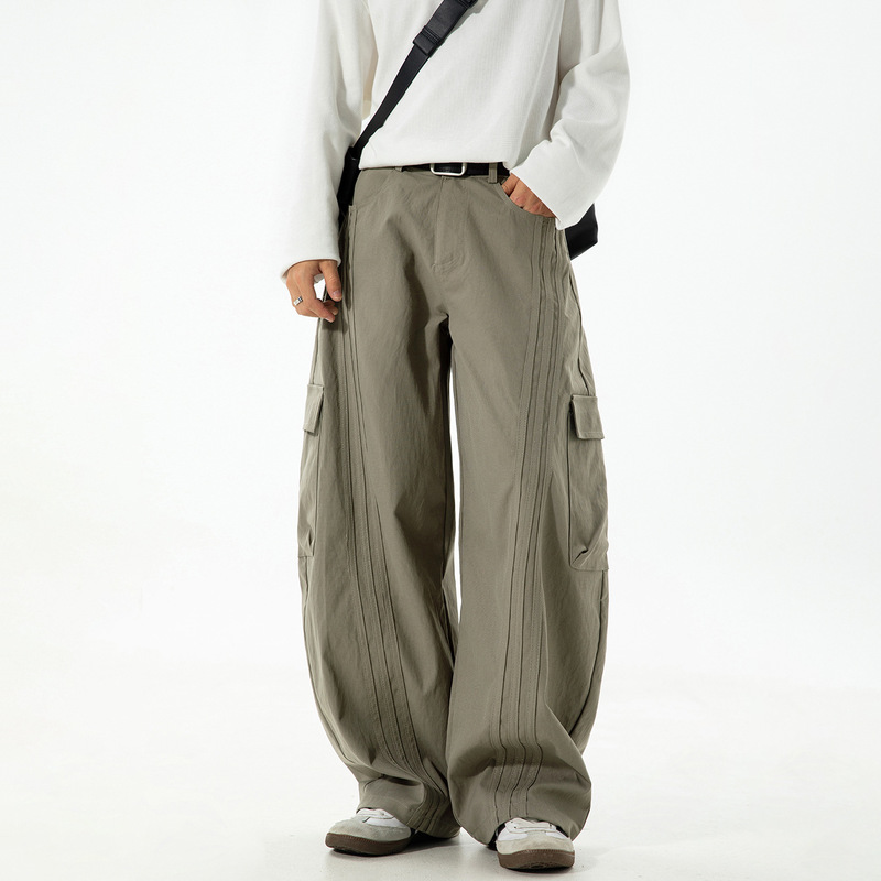 American Retro Patchwork Striped Curved-Leg Pants for Men, Three-Dimensional Wide-Leg Workwear Casual Pants, Trendy Brand Loose Long Pants