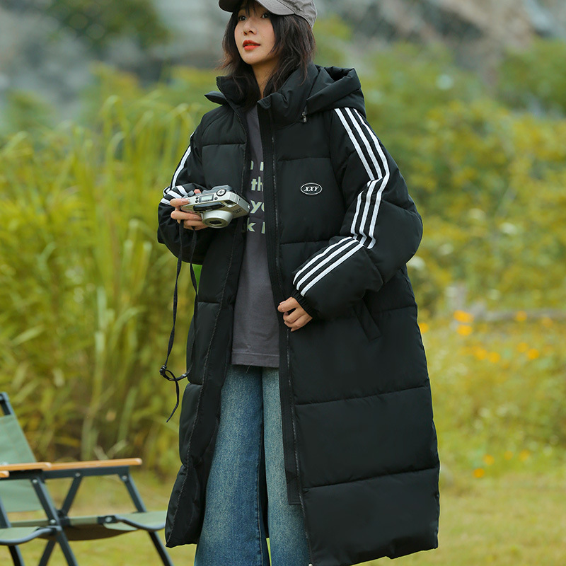 겨울 한국식 중간 길이의 느슨한 두꺼운 따뜻한 면화 패딩 재킷 여성용 3 바 오버-무릎 칼리지 스타일 코튼 패딩 재킷