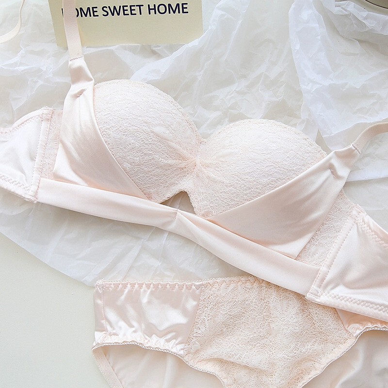 Milk Foam Style Small Bust Push-Up Bra Set for Women, Bubble Texture, Satin Straps, Sexy Half-Cup Lift Bra Set