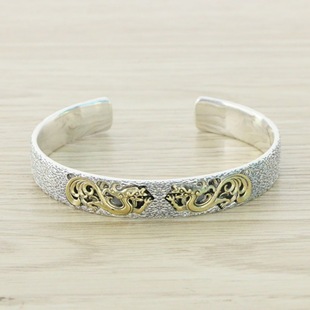 S925 Sterling Silver Thai Silver Country Double Dragon Totem Domineering Bracelet Retro Chinese Style Dragon Zodiac Men's Open Bracelet