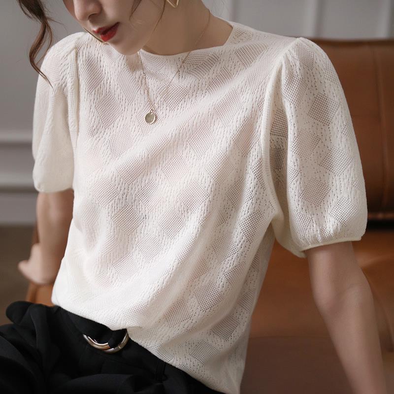 Black T-shirt Women's Design Sense Niche French Puff Sleeve Vintage Thin Hollow Knitted Short-sleeved Top for Summer