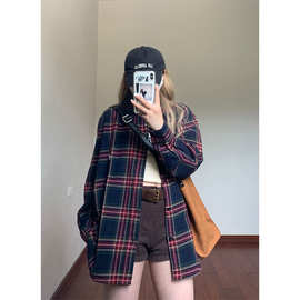 新款酒红色格子衬衫外套女oversize宽松慵懒风垂坠感长袖衬衣氨纶