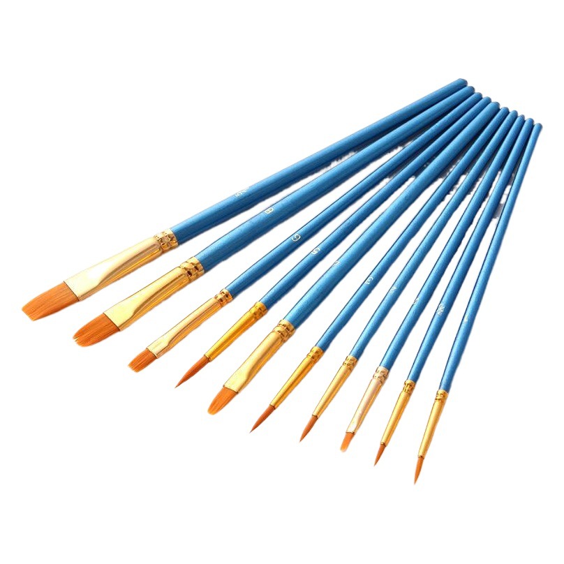 Fabricante al por mayor 10 juego de pinceles de acuarela de varilla azul nacarado cepillo de pelo de nailon juego de pinceles de aceite