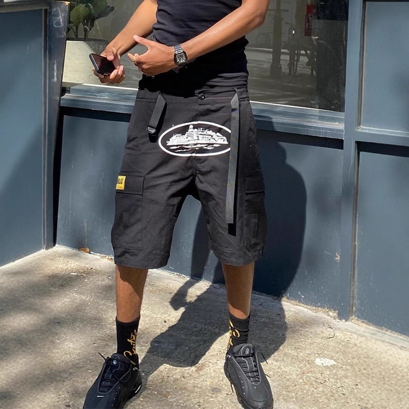 Multi-Pocket Side Button Unisex American Retro High Street Trendy Brand Ins Hip-Hop Street Print Casual Cargo Shorts