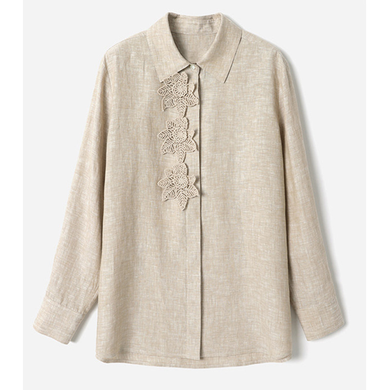 【Moe*Order】Elegant French-Italian Full Linen Collared Lace Trim Wide-Fit Shirt for Women, Autumn Top 【Moe*Order】Elegant French-Italian Full Linen Collared Lace Trim Wide-Fit Shirt for Women, Autumn Top