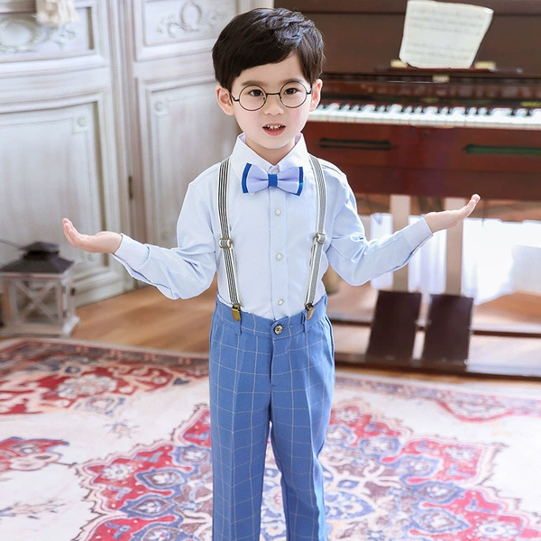 Blue shirt, trousers, suspenders, bow tie