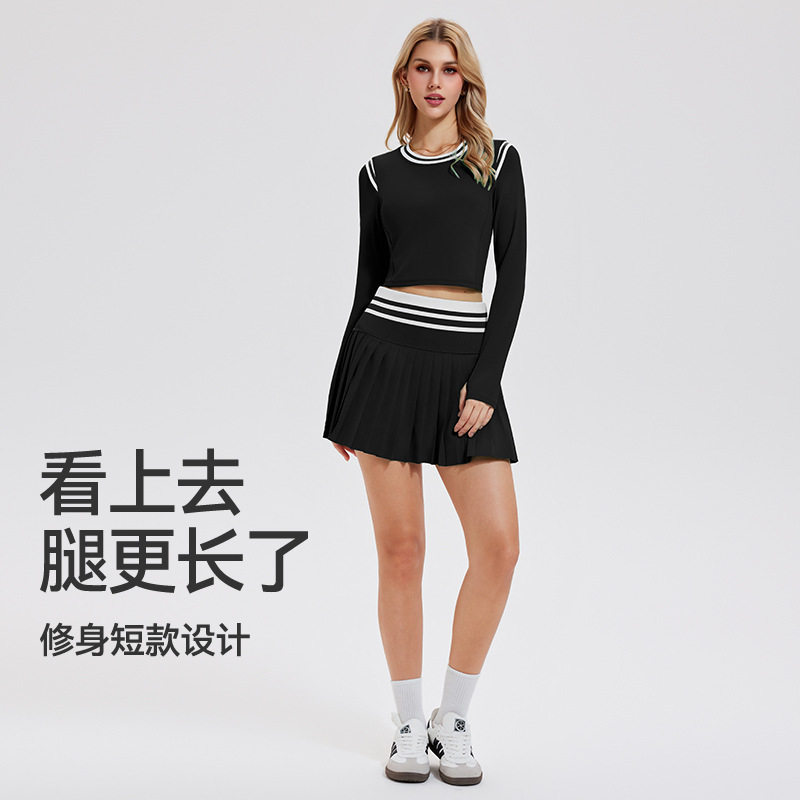 Otoño y invierno ropa de tenis femenina de colores falsos dos piezas de manga larga corta de cuello redondo cintura camiseta deportiva de acondicionamiento físico de secado rápido
