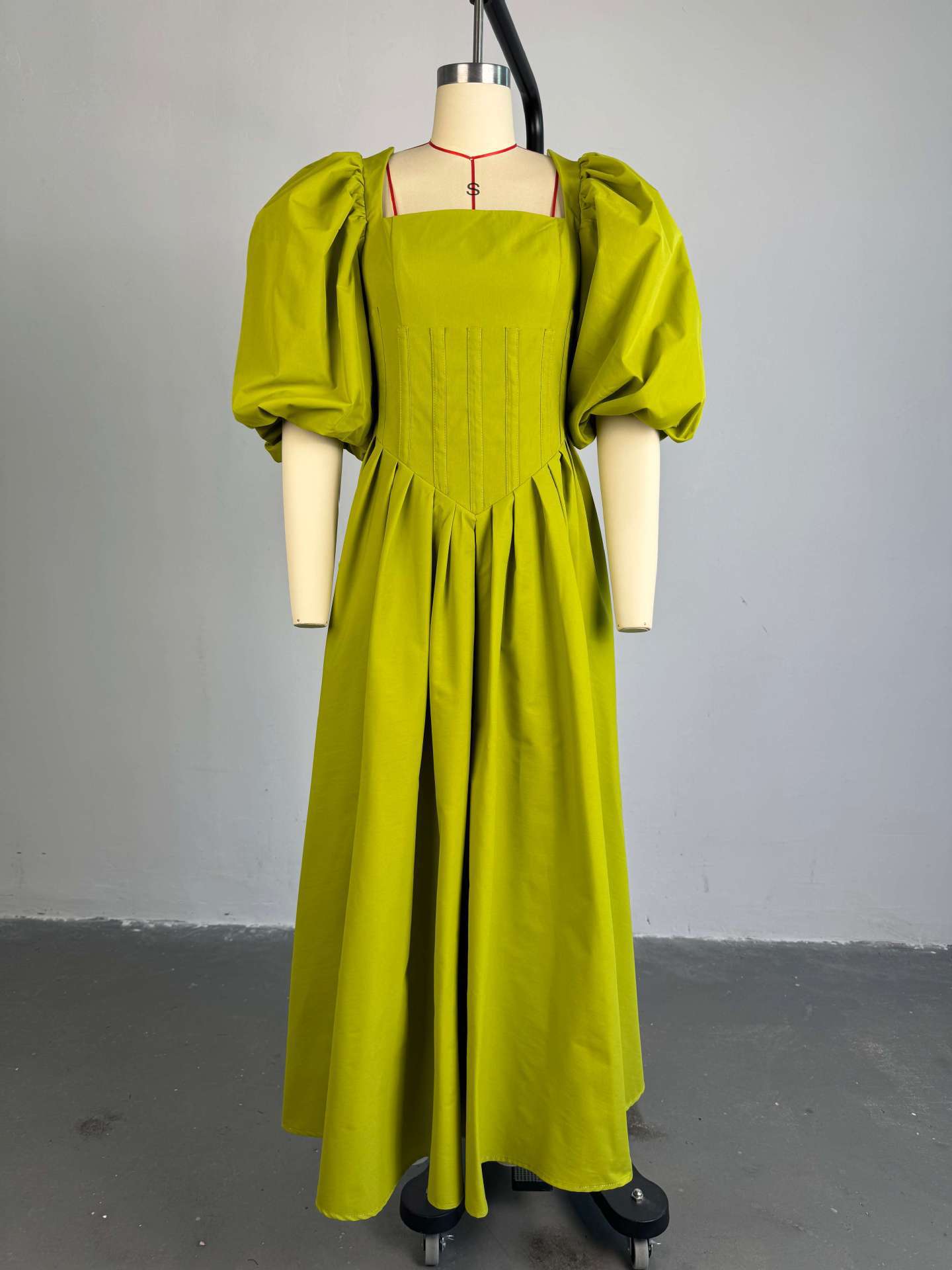 Women Clothing Autumn Sweet Fresh Square Collar Lantern Sleeve High Waist Slimming A line Dress