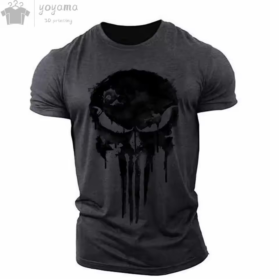 Moda venta caliente tinta calavera graffiti impresión 3D hombres verano calle moda hombro redondo cuello redondo camiseta de manga corta