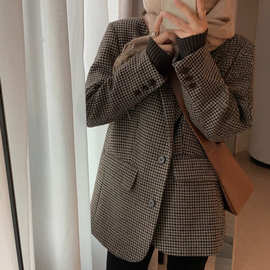 咖色千鸟格子毛呢西装外套女2026秋冬新款韩版宽松羊毛呢子大衣
