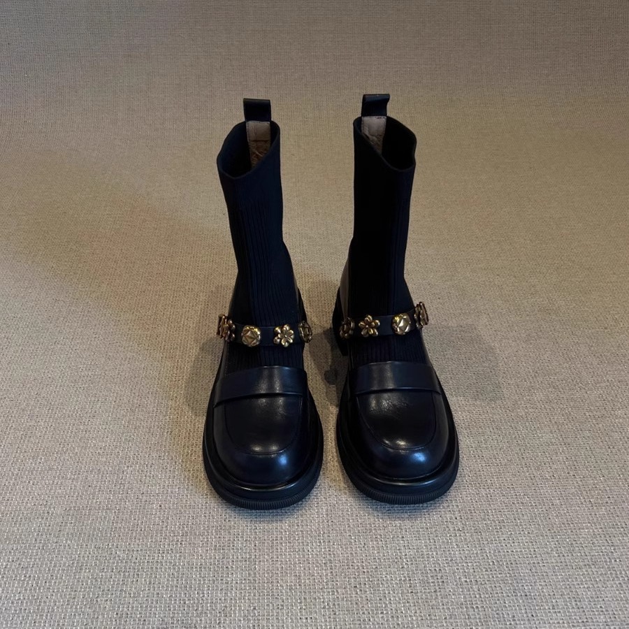 Stivaletti in maglia elasticizzata con tacco grosso – Stivaletti retrò da infilare con cinturino con fibbia e plateau spesso per donna_voghion.com