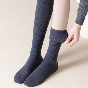 Autumn and winter wool calf socks warm padded lined cashmere knee socks solid color Korean-style vertical long tube stocking