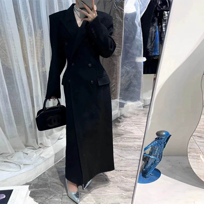 Новое осенне-зимнее длинное шерстяное пальто в корейском стиле с двубортной застежкой, приталенным силуэтом и воротником-стойкой, коллекция 2025 года