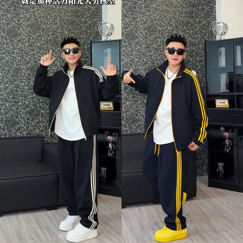 语乐同款美式撞色三条杠运动立领卫衣休闲舒适宽松长裤潮流感套装|undefined