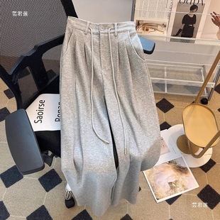 Grey Narrow Sports Pants Women's Spring and Autumn New Straight High Waist Small All-match Wide Leg Slimming Pants for Women