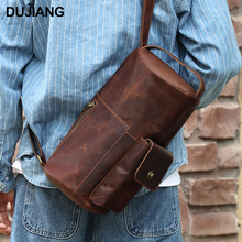 跨境外贸斜挎包疯马皮真皮圆筒包男包单肩包复古男士胸包轻奢复古