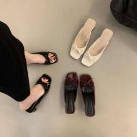 法式蝴蝶结粗跟凉拖鞋女外穿2025新款夏季跨境大码鱼嘴露趾高跟鞋