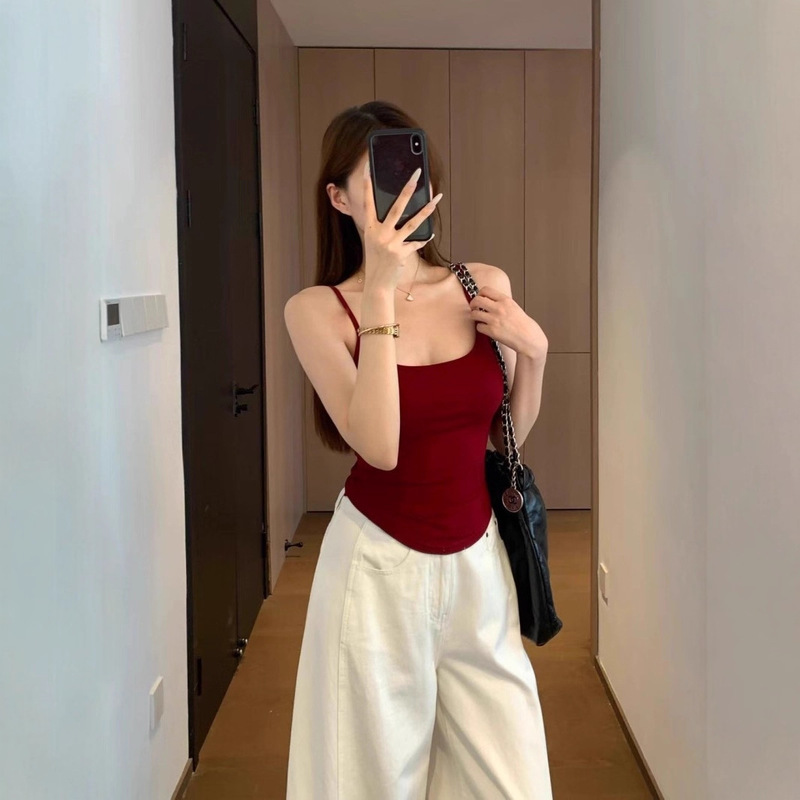 AY94 3D立体模杯胸垫一体超弹力细肩带辣妹蝴蝶结露背吊带背心|undefined