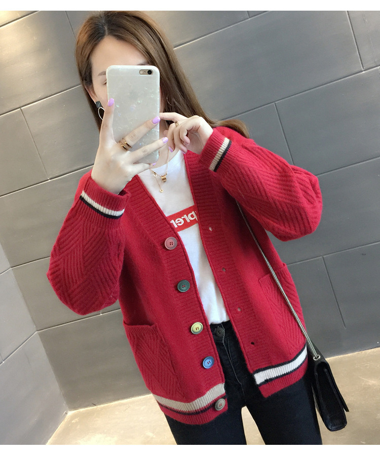 Women's Clothing Knitted Sweater V Neck All match Small Cardigan Jacket Women's Colorblock Sweater _voghion.com