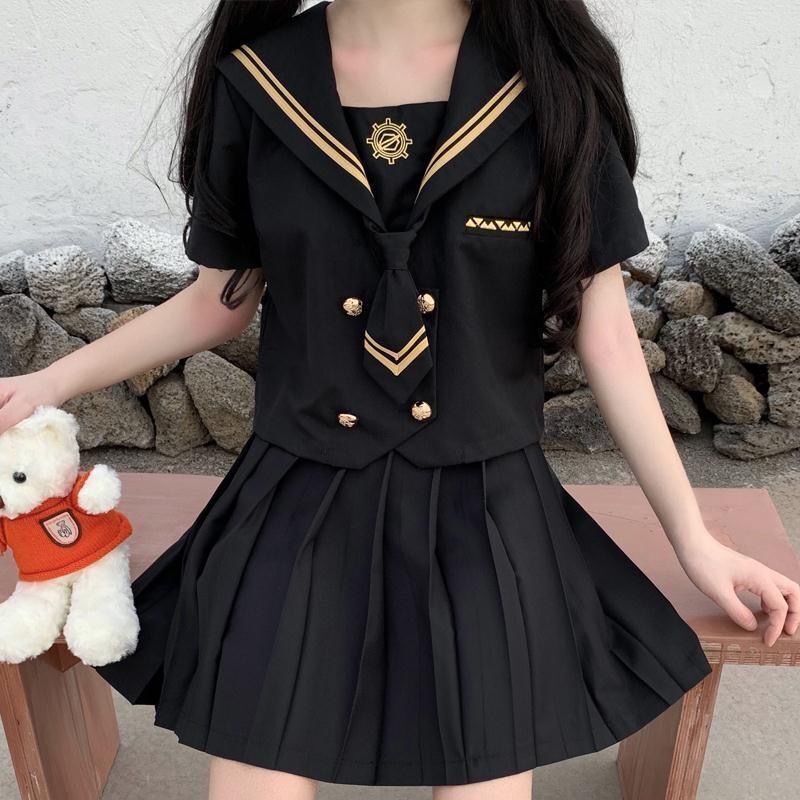 沙河【两件套装】夏季新款黑暗系j制服学院风学生水手领上衣百褶|undefined