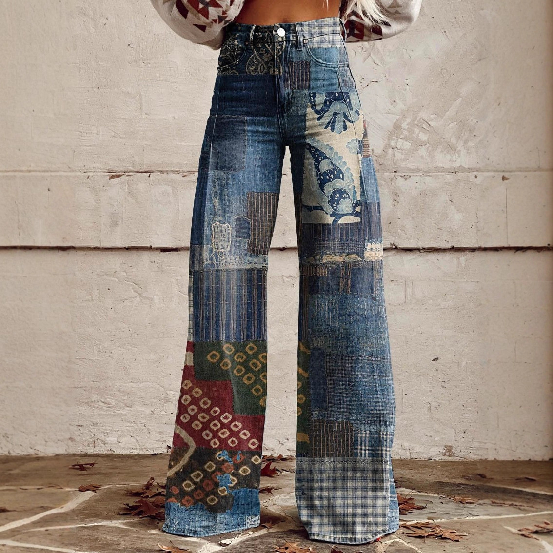 Thin Style Cross-Border Spring and Autumn Popular Ebay European and American Women's 3D Printed Plus-Size Faux Denim Wide-Leg Flared Pants