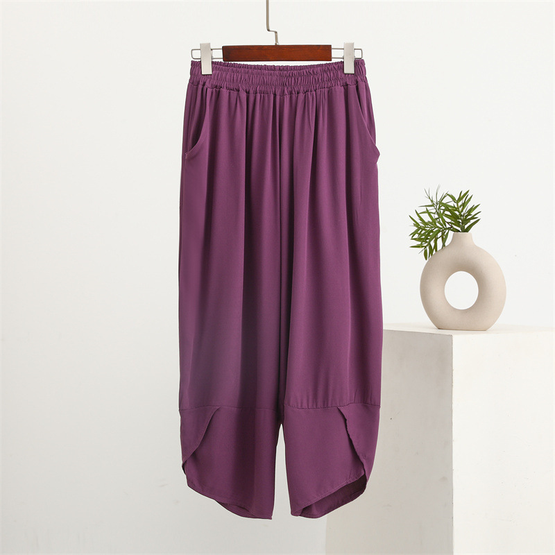 Summer Cotton Silk Women's Cropped Pants with Pockets, Artificial Cotton Loose-Fitting Plus-Size Home Pants, Sleep Pants, Thin Casual Pants