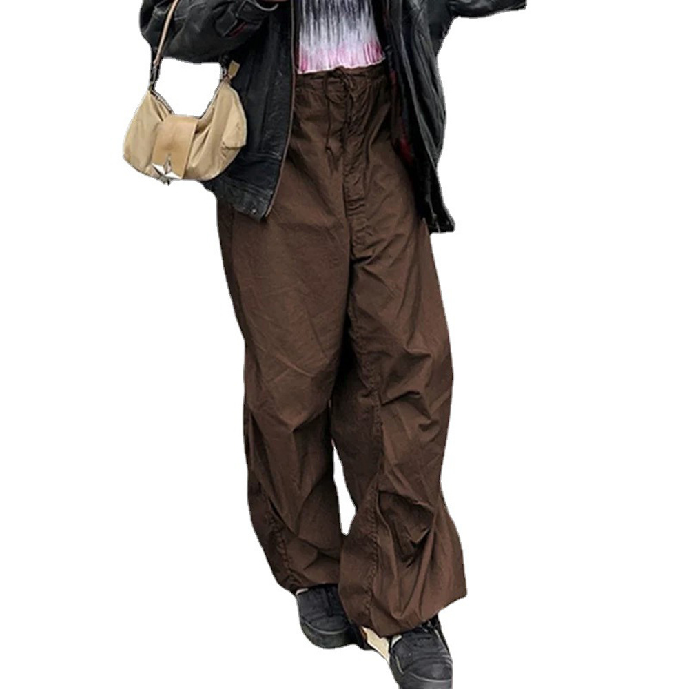 Vår/sommar 2024 Nya heta tjej-arbetskläder med resårband och dragsko, trendiga låg midjade vida ben, vardagsbyxor_voghion.com