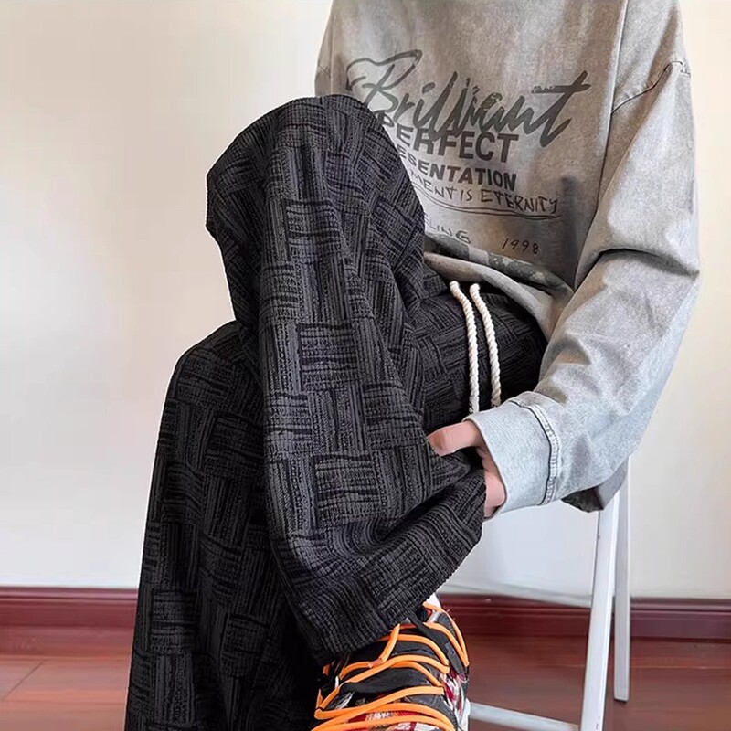 Plaid Corduroy Pants Men's Autumn and Winter Fleece-Lined Thickeneded Loose Men's Wide-Leg Pants Boys Winter Casual Pants