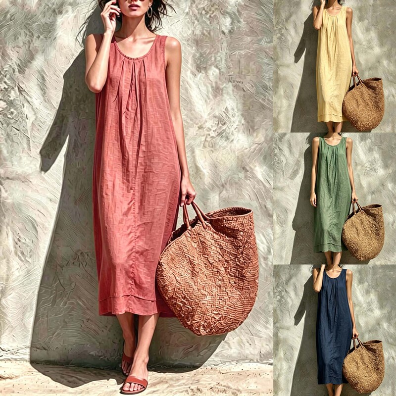 New cross-border summer loose-fitting linen sleeveless dress with round neck, pleated design, slimming effect, mid-length A-line skirt New cross-border summer loose-fitting linen sleeveless dress with round neck, pleated design, slimming effect, mid-length A-line skirt