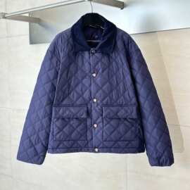 高品质驴家25年冬季新款菱形格皮标翻领夹棉棉服潮流百搭男女同款