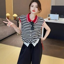 College Style Design, Contrasting Color, Navy Collar, Single-Breasted Knitwear Vest, Women's Summer New Right Shoulder Top