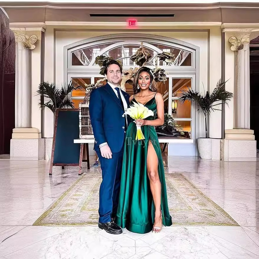 Elegante vestido de fiesta largo con cuello en V dividido, plisado de dama de honor de gasa larga, vestido formal, vestido de noche de satén