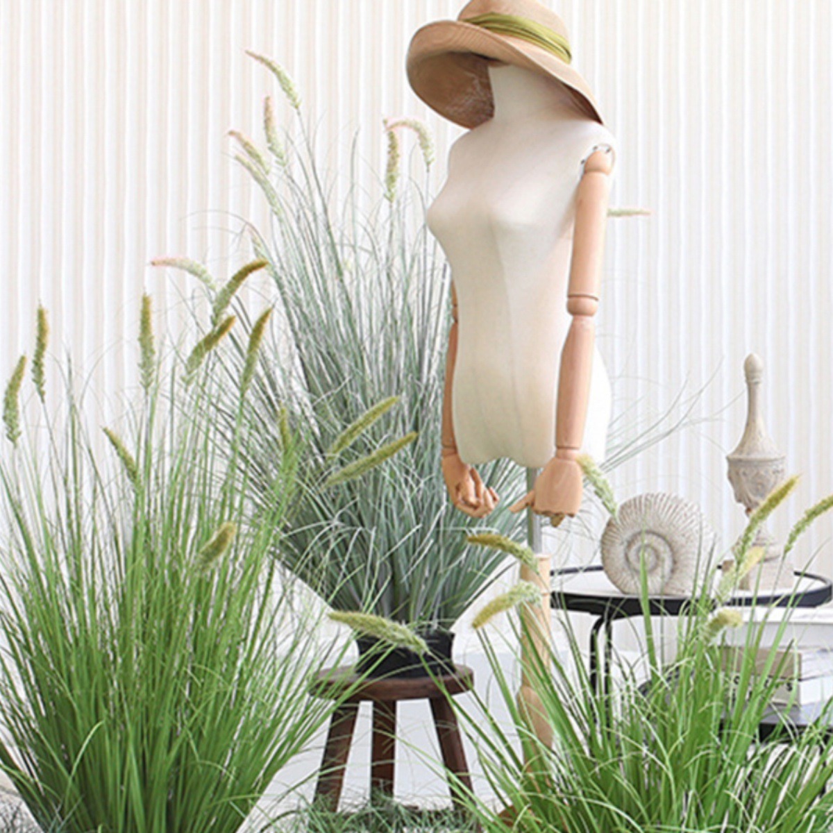 Simulación de plantas verdes, cola de perro, hierba de junco, paisaje interior, plantas verdes, ventanas, plantas verdes en macetas, decoración del hogar nórdico, hierba falsa