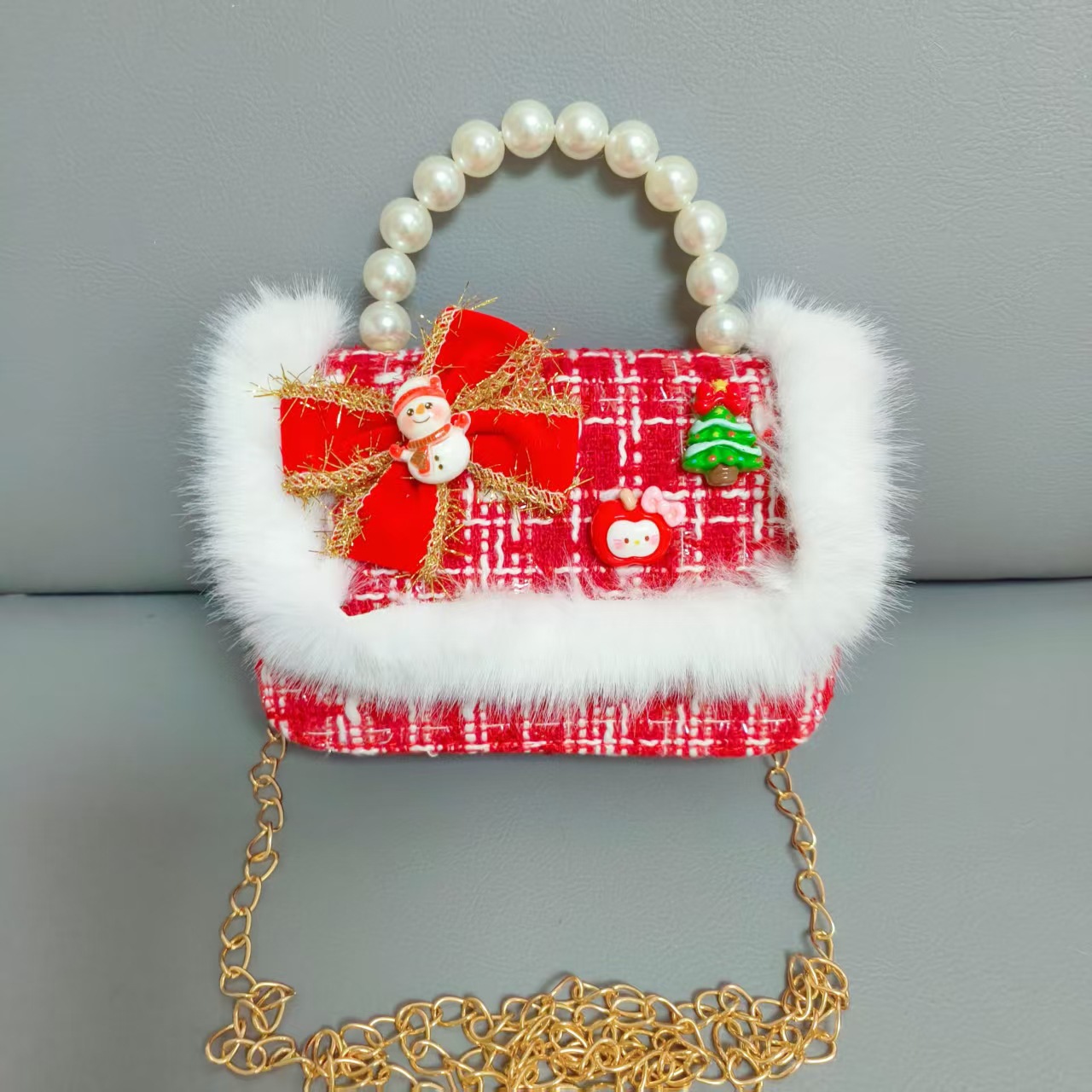 Gran bolso de perla de arco rojo, Santa Claus, bolso de Año Nuevo, cartera de Año Nuevo, hombro, pequeño viento fragante