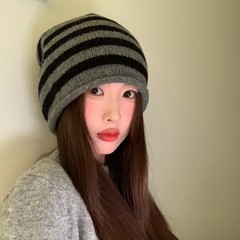 新款100%羊毛针织帽子拼色卷边包头帽秋冬护耳冷帽百搭堆堆帽条纹