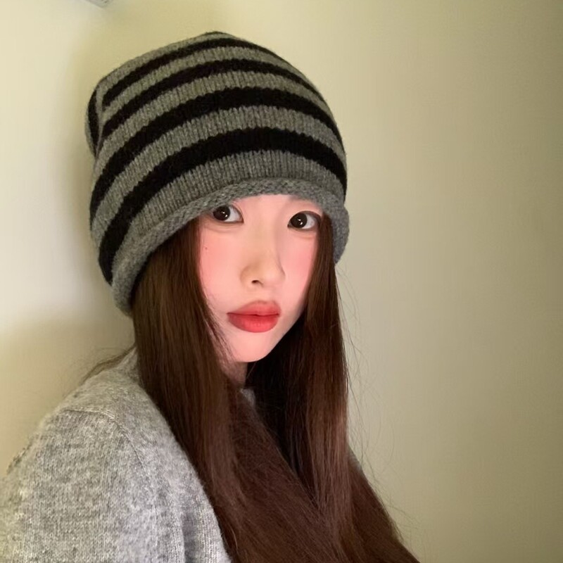 新款100%羊毛针织帽子拼色卷边包头帽秋冬护耳冷帽百搭堆堆帽条纹|undefined