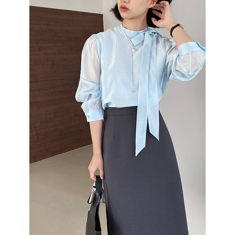 Jiangzuo Bowknot Ribbon Tencel Half-High Collar Long Sleeve Shirt for Women, New Autumn Commuter Blouse 1186 Jiangzuo Bowknot Ribbon Tencel Half-High Collar Long Sleeve Shirt for Women, New Autumn Commuter Blouse 1186