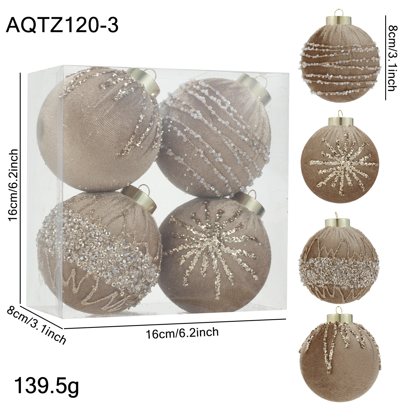 Nuevo producto de 8CM plástico envolvido bola tela de vello polvo adhesivo polvo de oro ligero de lujo bola de Navidad colgante colorida bola de Navidad colgante